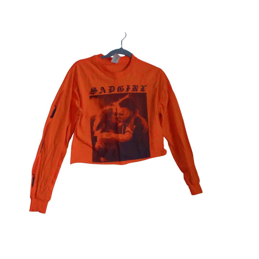 SADGIRL Orange Long Sleeve Graphic Crop Top Horror Raw Hem Streetwear Small